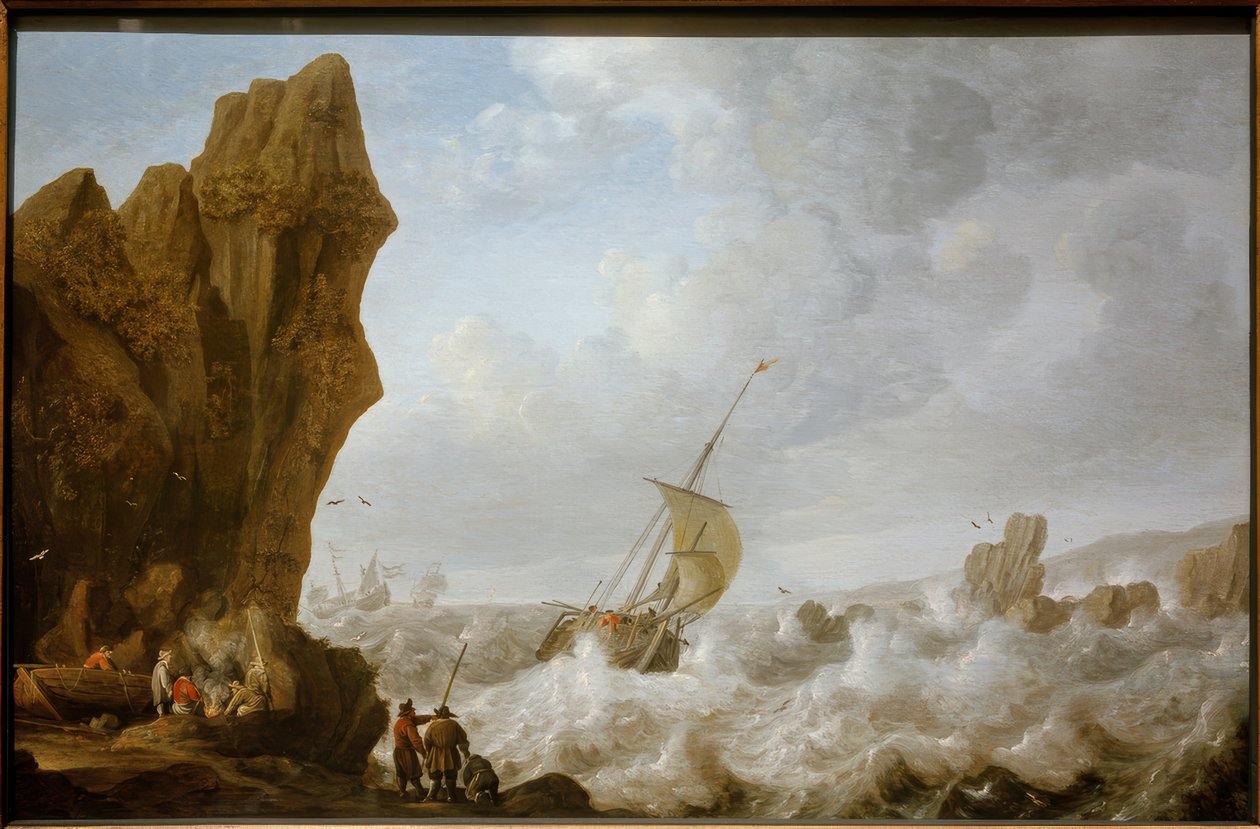 Barca da pesca in mare tempestoso davanti a una costa rocciosa da Julius Porcellis