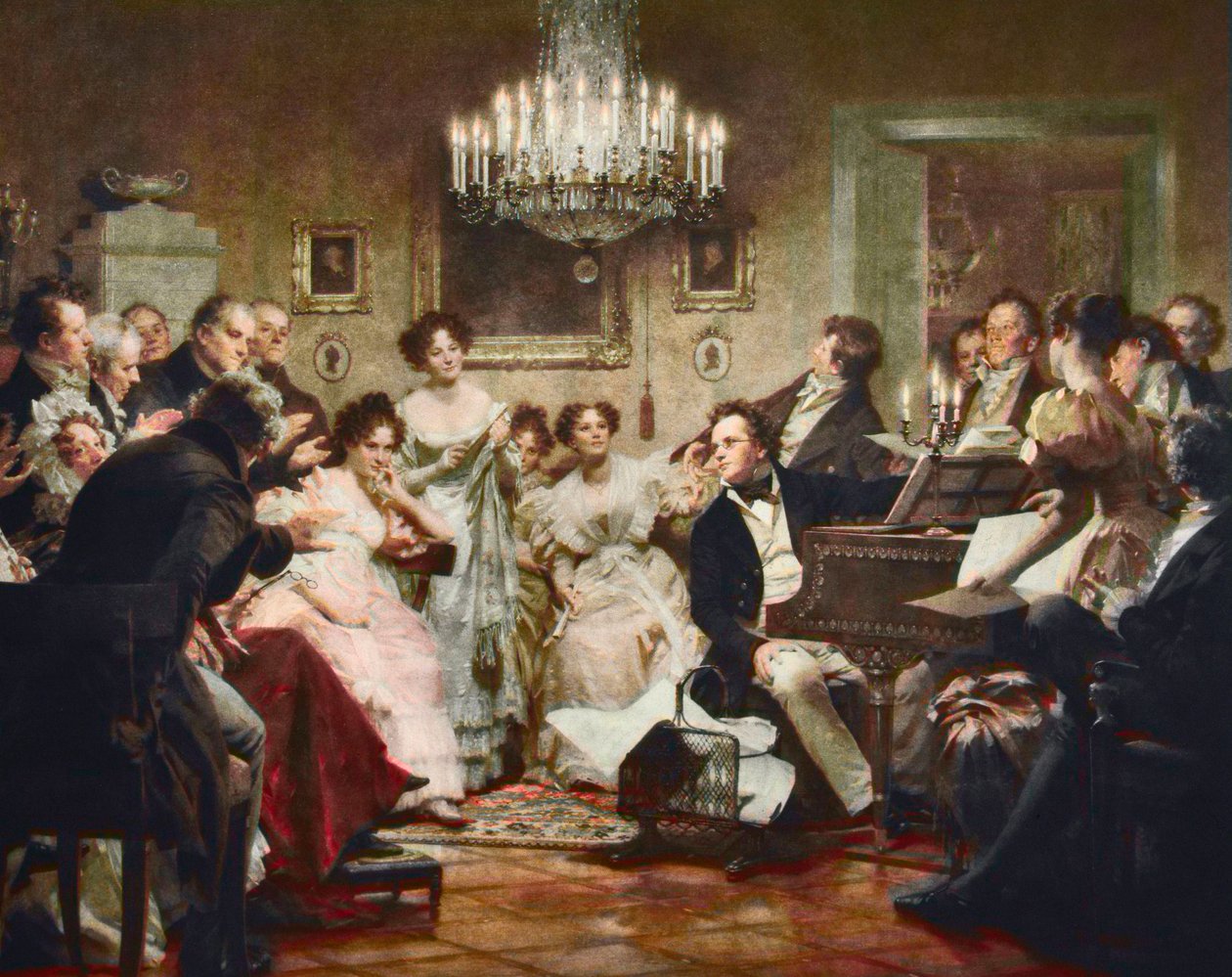 Franz Schubert (1797-1828) al pianoforte durante una serata Schubert in un salone di Vienna - incisione dopo Julius Schmid (1854-1935) da Julius Schmid