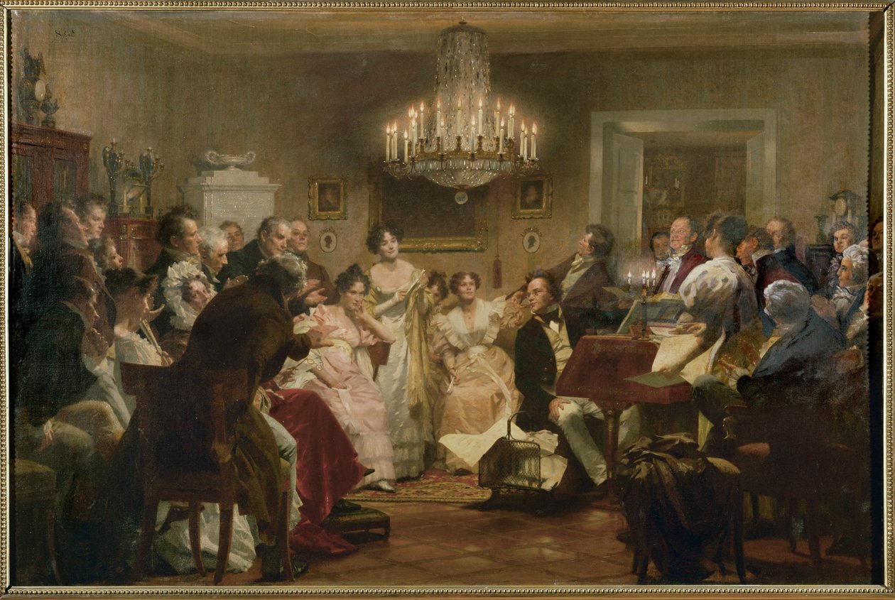 Schubert al pianoforte durante una serata schubertiana in un salotto viennese... (dipinto a olio) da Julius Schmid