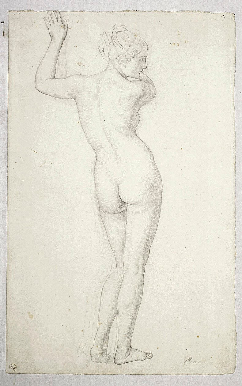 Nudo femminile in posa eretta, visto da dietro; verso, contorno di un nudo femminile da Julius Schnorr von Carolsfeld