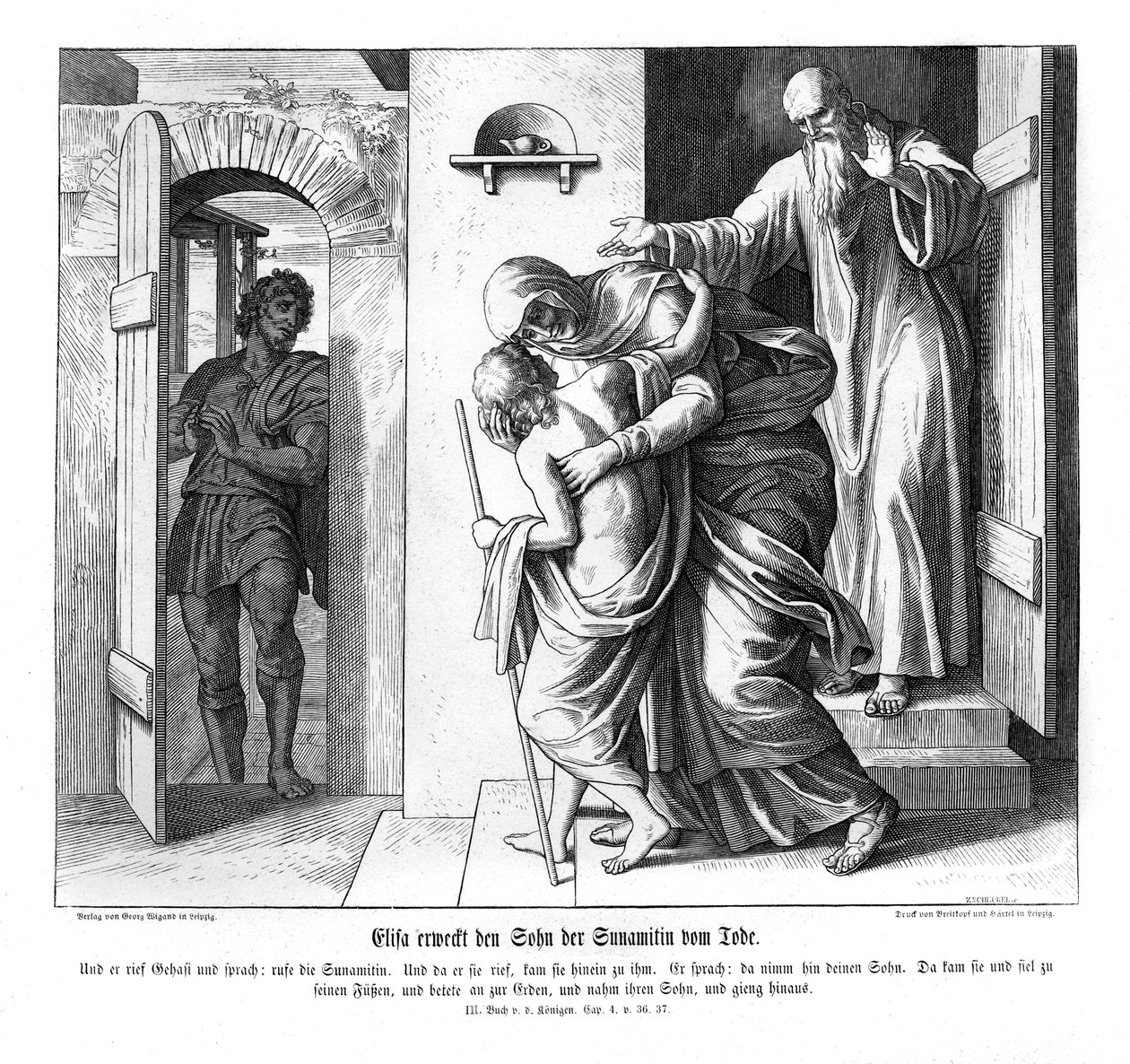 Eliseo resuscita il figlio della Sunamita, 2 Re da Julius Schnorr von Carolsfeld