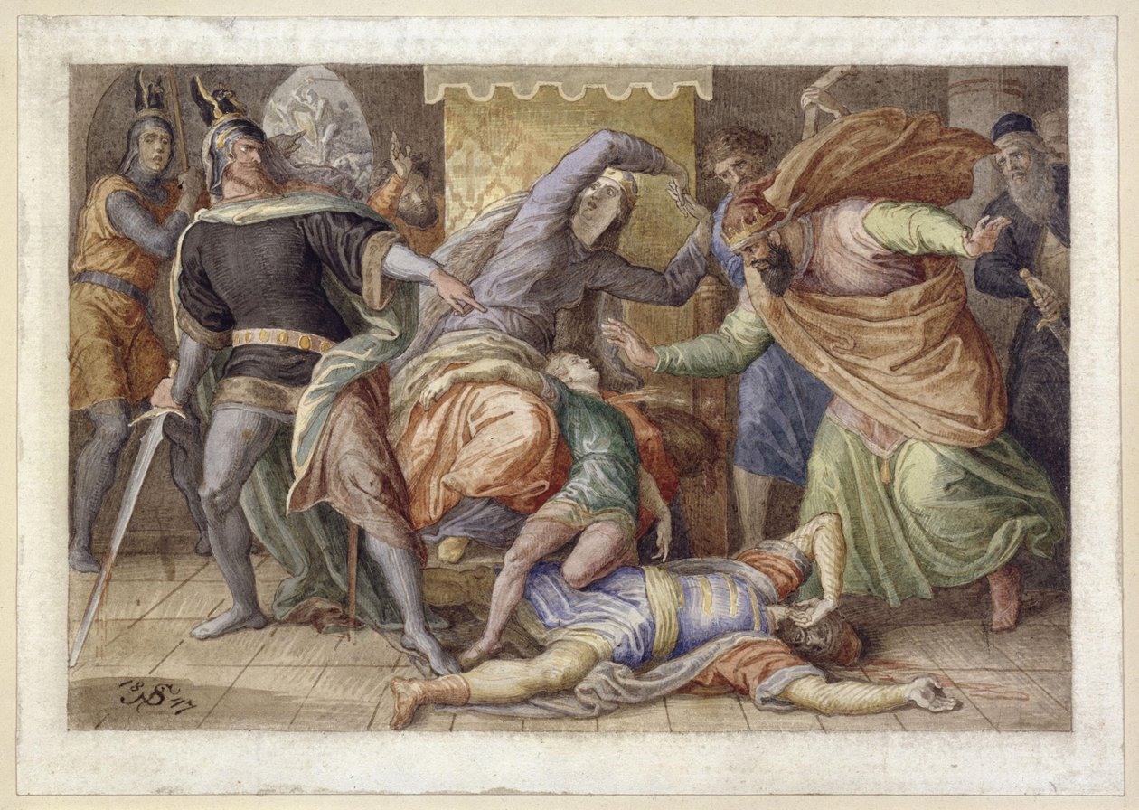 Hagen uccide Ortlieb (Ortlieb morente tra le braccia di Crimilde; tratto dal Canto dei Nibelunghi) da Julius Schnorr von Carolsfeld