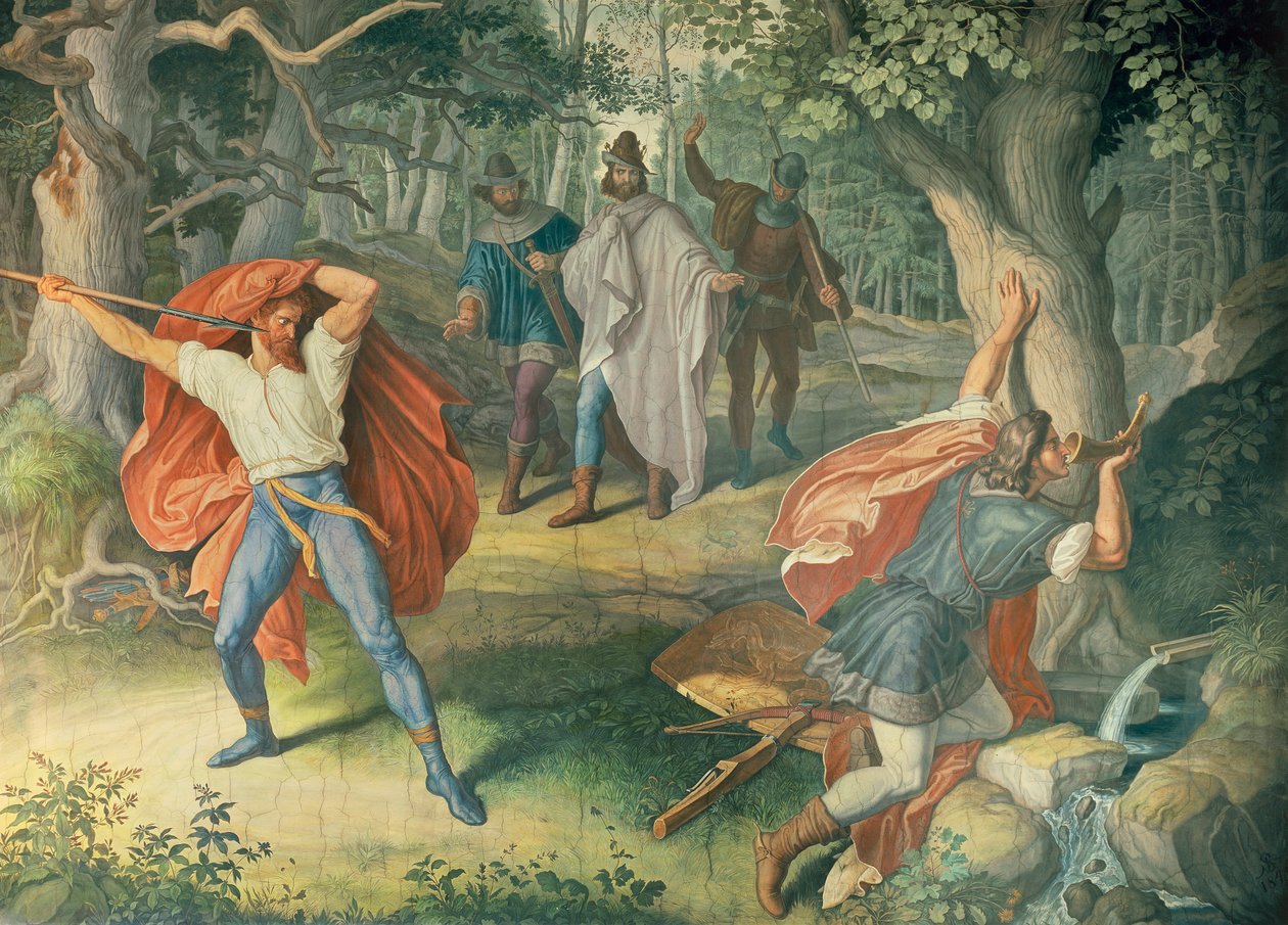 Hagen uccide Sigfrido alla fontana, Sala dei Nibelunghi da Julius Schnorr von Carolsfeld