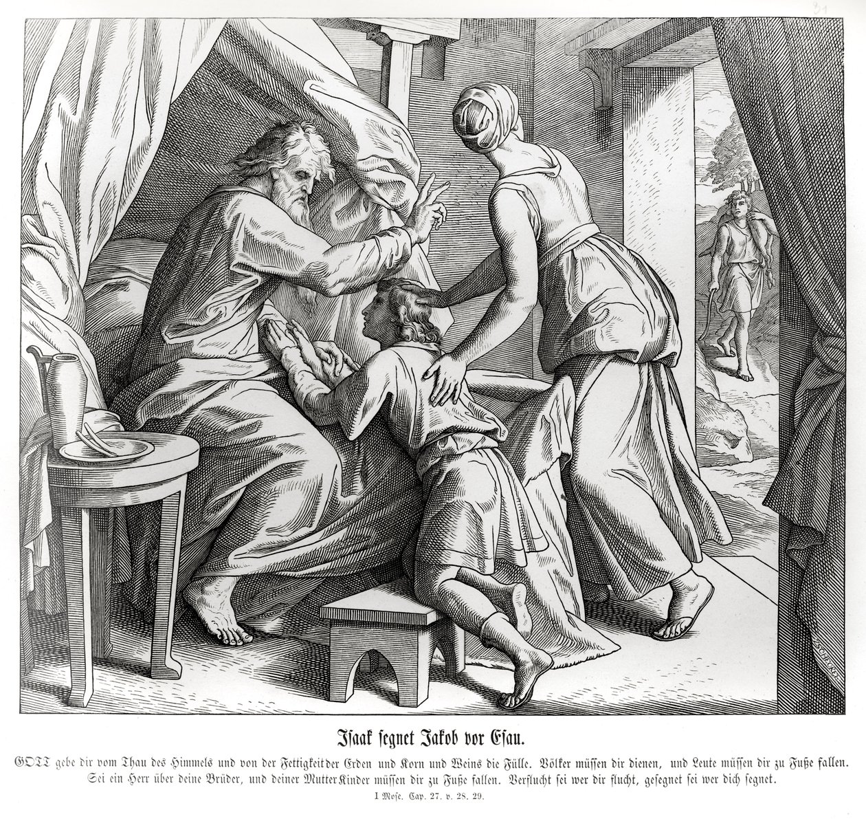 Isacco benedice Giacobbe al posto di Esaù, Genesi da Julius Schnorr von Carolsfeld