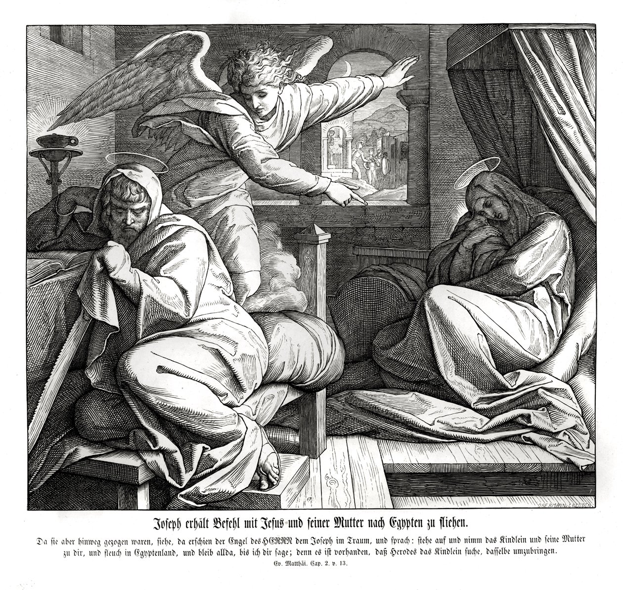 Giuseppe è avvertito di fuggire in Egitto, Vangelo di Matteo da Julius Schnorr von Carolsfeld