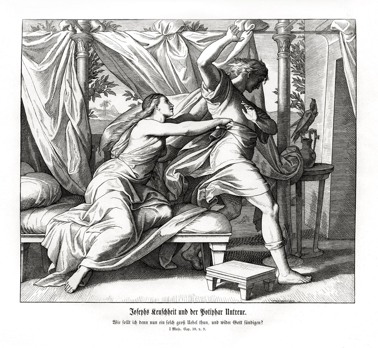 Giuseppe rifiuta di giacere con la moglie di Potifar, Genesi da Julius Schnorr von Carolsfeld