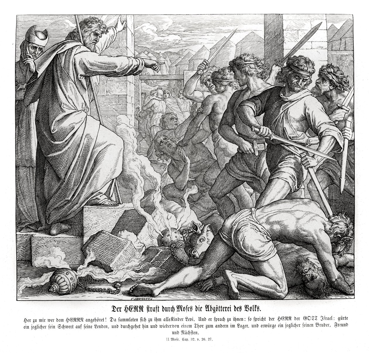 Mosè punisce il popolo per la loro idolatria, Esodo da Julius Schnorr von Carolsfeld
