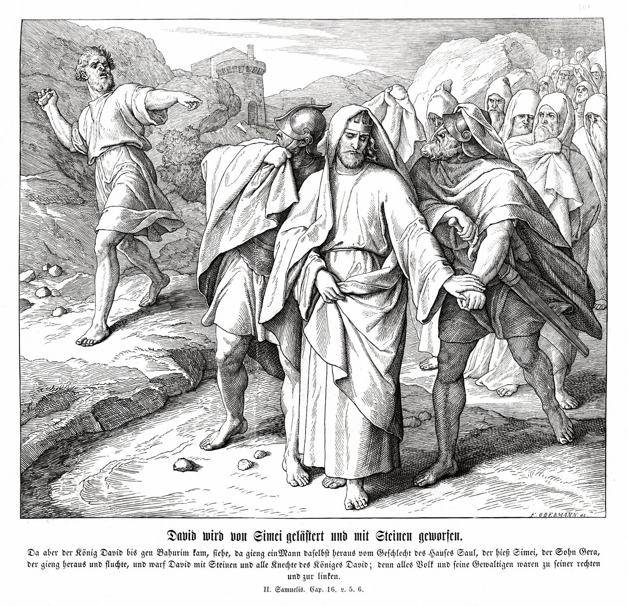 Shimei maledice e lancia pietre a Davide, 2 Samuele da Julius Schnorr von Carolsfeld