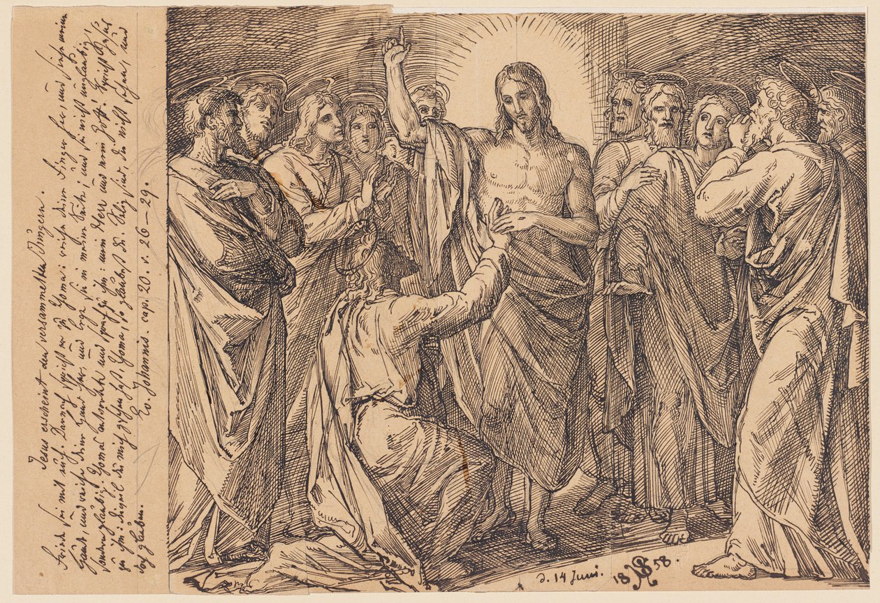 Gesù appare ai discepoli riuniti. Pace a voi. Poi dice a Tommaso: ...? da Julius Schnorr von Carolsfeld