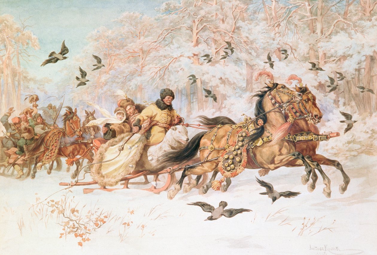 Olenka e Kmicic al Kulig, c.1887 da Juliusz Fortunat Kossak