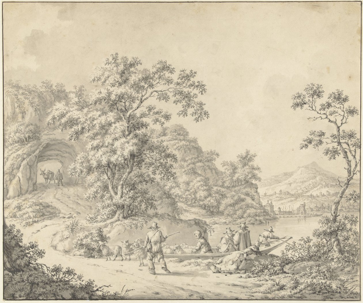 Paesaggio con barca e pastore con il suo gregge da Jurriaan Andriessen (attributed to)