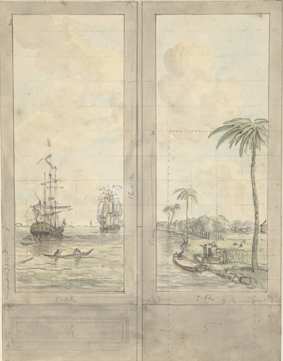 Progetto per due pannelli decorativi: fiume con navi nelle colonie da Jurriaan Andriessen