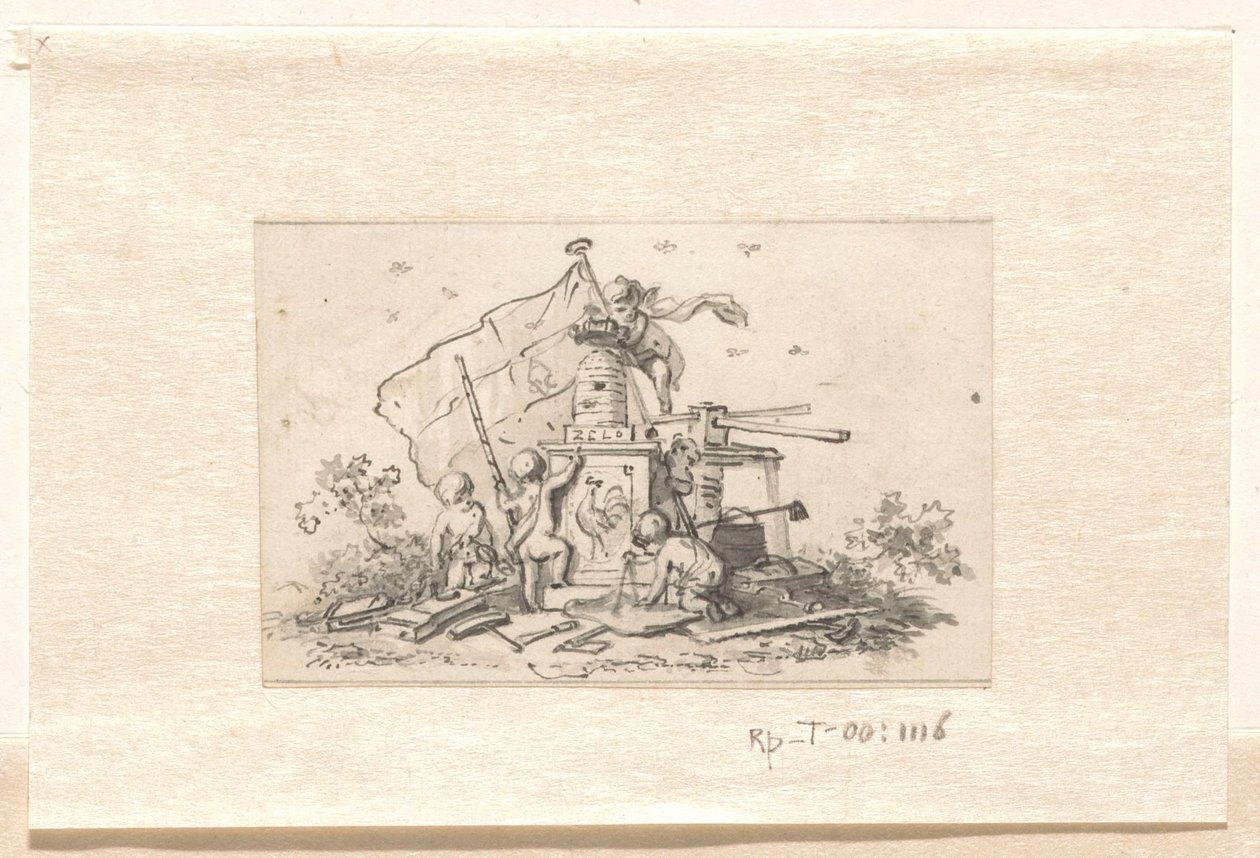 Putti con simboli relativi alla VOC, camera di Amsterdam e il gallo francese da Jurriaan Andriessen