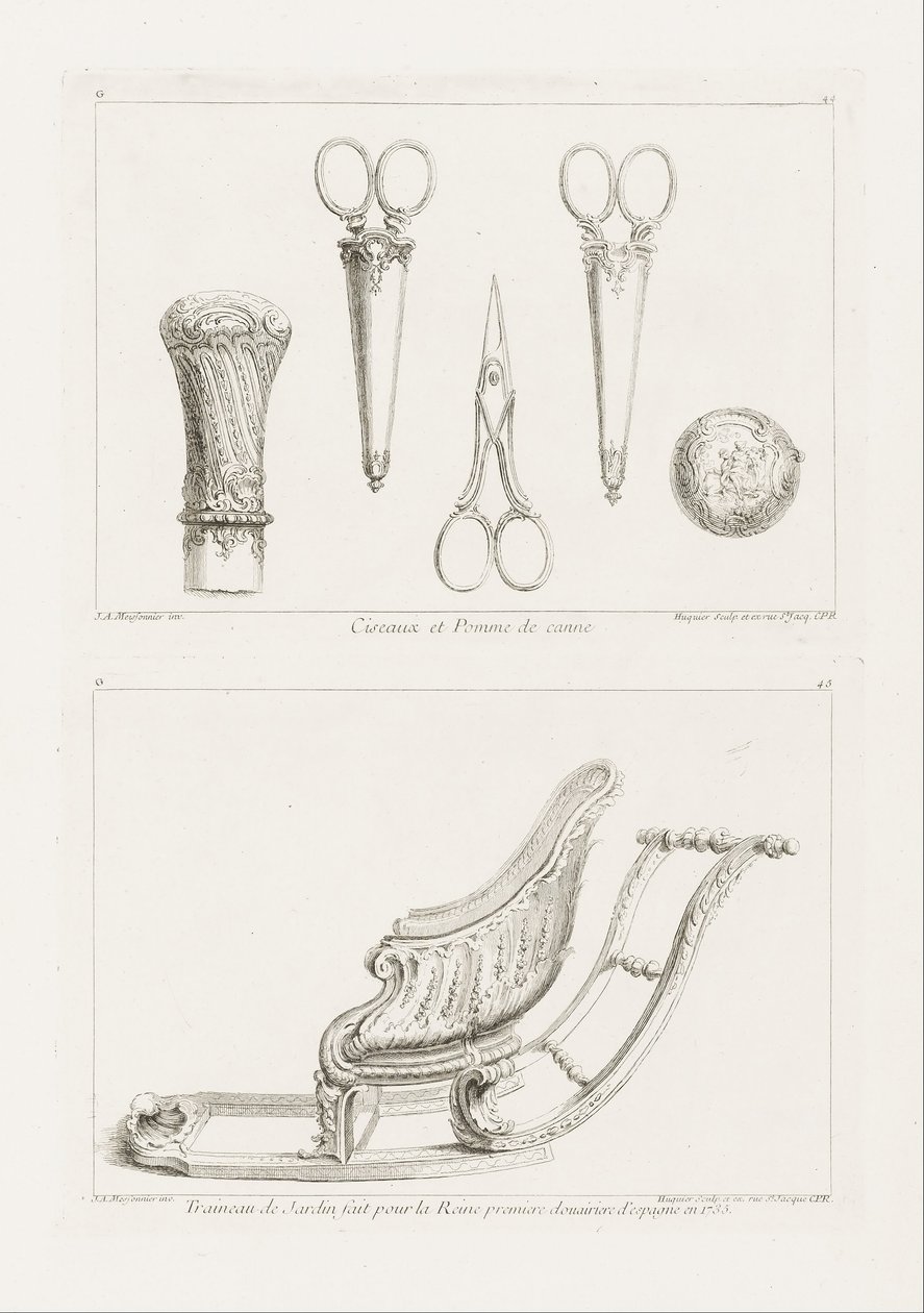 Design di forbici e pomello di bastone da Juste Aurèle Meissonnier