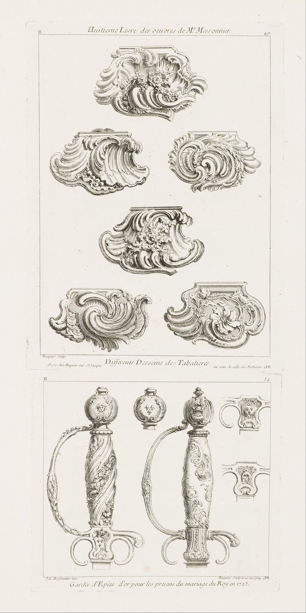 Differents Desseins de Tabatieres, premiere planche (Diversi disegni per tabacchiere), p. 49 in Oe... da Juste Aurèle Meissonnier