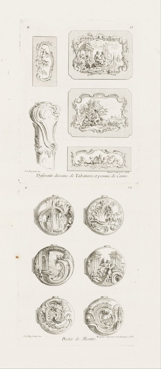 Differenti disegni di tabacchiere e pomelli di bastone, quinta tavola da Juste Aurèle Meissonnier