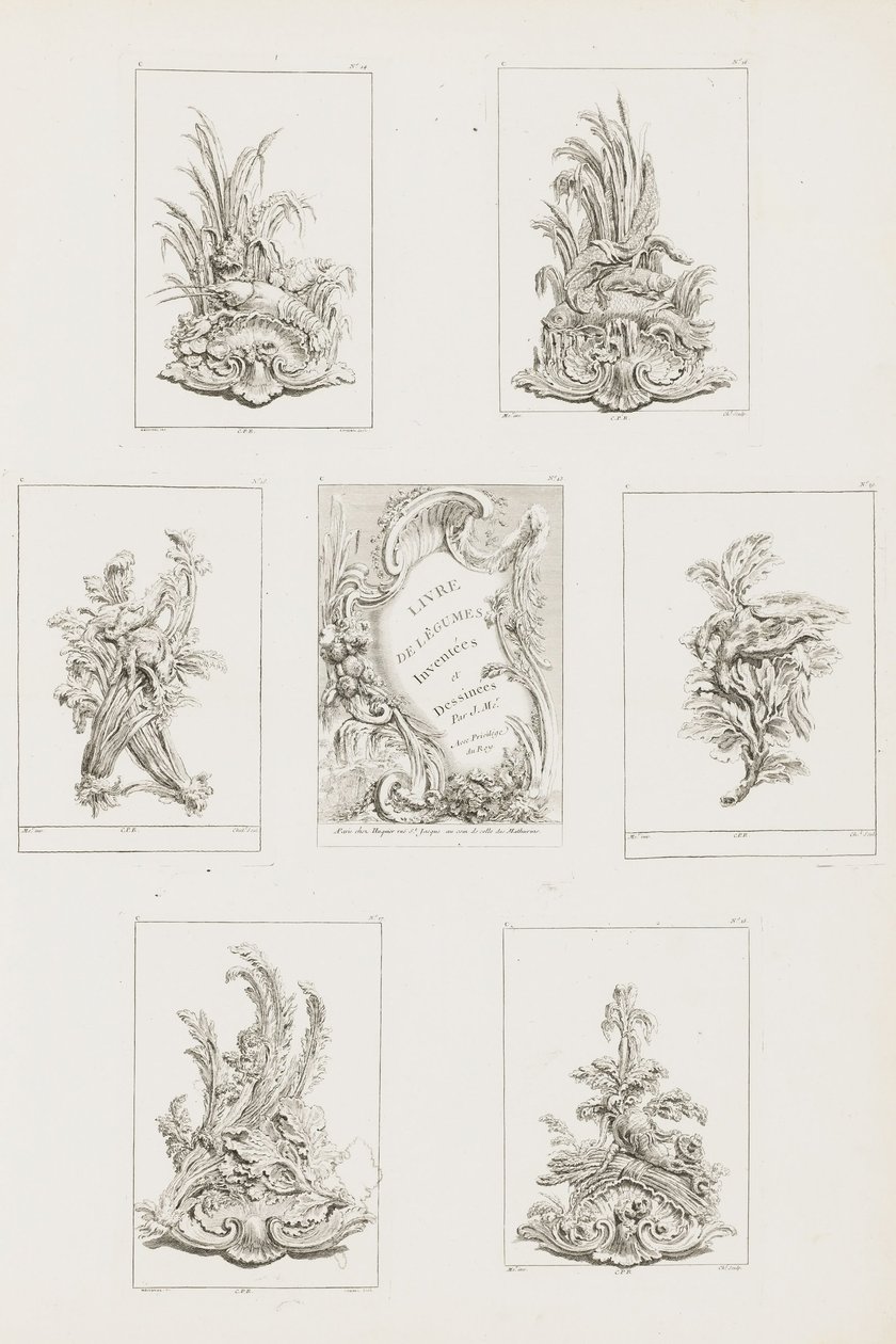 Disegno ornamentale con motivo di gambero, pl. 14 in Livre des Légumes (Serie di ornamenti vegetali) da Juste Aurèle Meissonnier