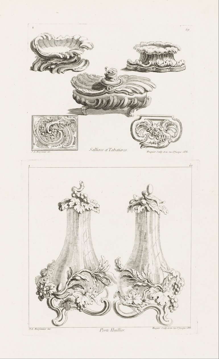 Saliere e tabacchiere, tavola 69 in Oeuvres de Juste-Aurèle Meissonnier da Juste Aurèle Meissonnier