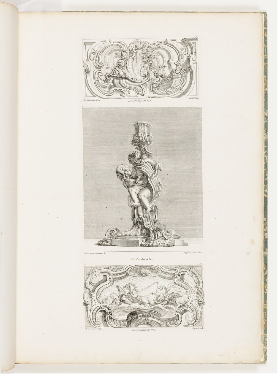 Pannello ornamentale con fontana a conchiglia fiancheggiata da ghirlande e volute, tav. 22 in Oeuvre de Juste-Aurèle da Juste Aurèle Meissonnier