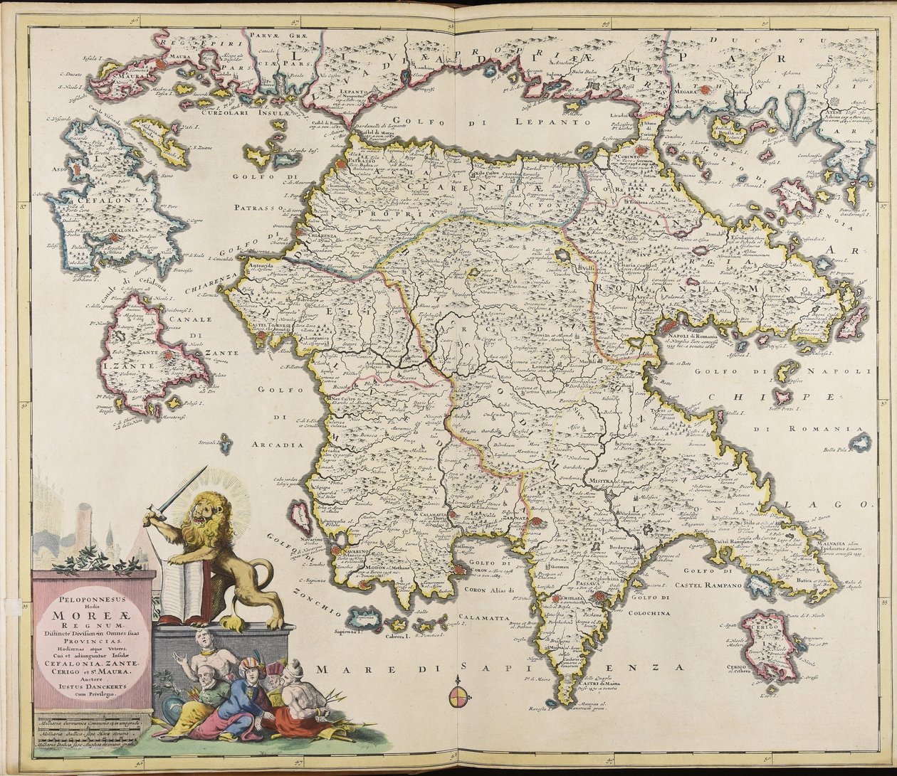 Peloponneso oggi regno di Morea distintamente diviso in tutte le sue province attuali e antiche cui si aggiungono le isole Cefalonia, Zante, Cerigo e S. Maura / autore Iustus Danckerts da Justus Danckerts