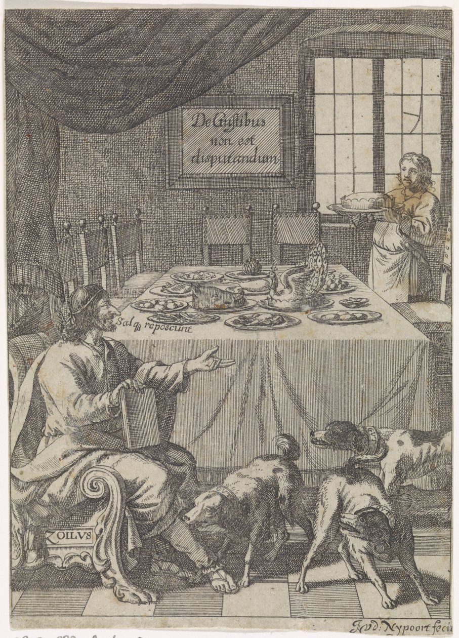 Zoilo seduto a un tavolo apparecchiato da Justus van den Nijpoort