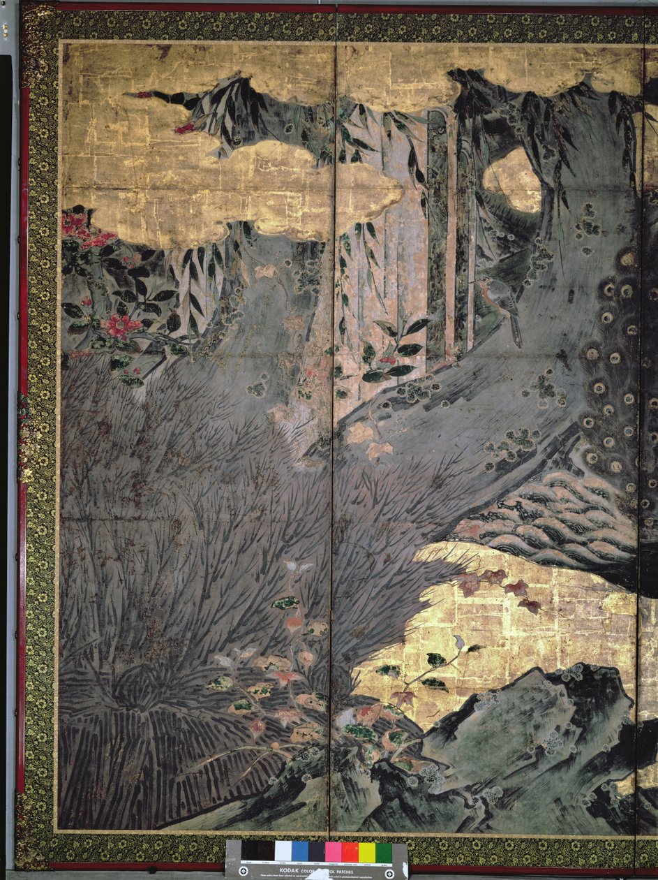 Uccelli e fiori delle quattro stagioni (penna e inchiostro, colore, carta dorata su pannello) da Kano Soshu