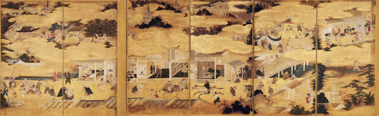 Scene dentro e intorno alla capitale, coppia di byobu a sei pieghe da Kano Takanobu