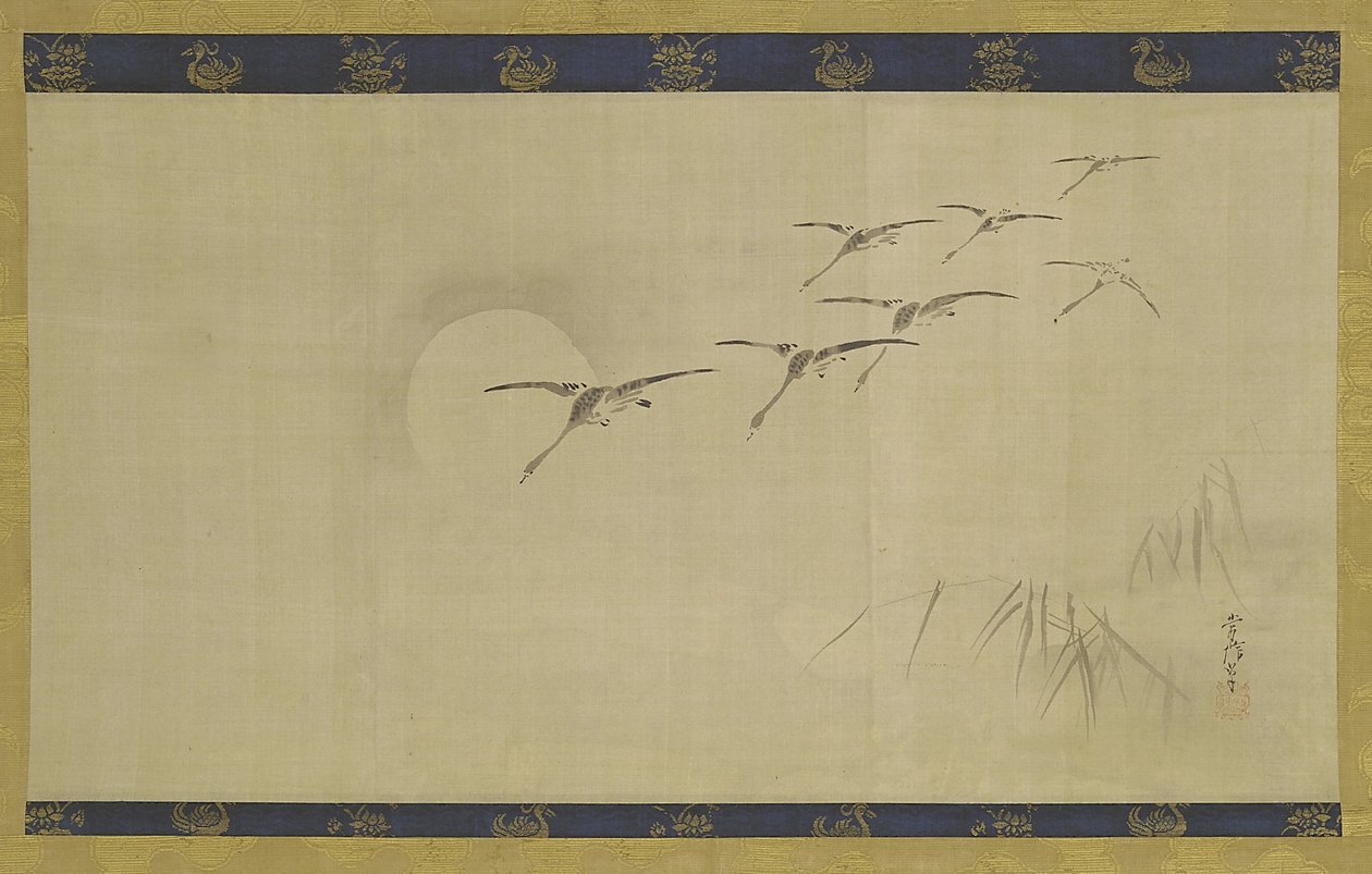 Oche, luna e piante acquatiche, periodo Edo, metà XVII-inizio XVIII secolo da Kano Tsunenobu