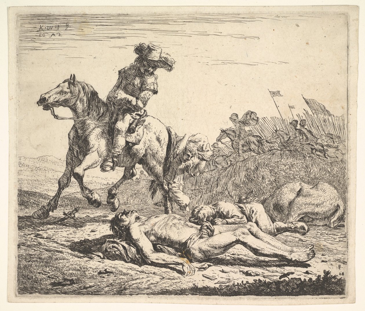 Campo di battaglia con cavaliere che guarda oltre la spalla sinistra verso un cadavere spogliato, 1652 da Karel Du Jardin