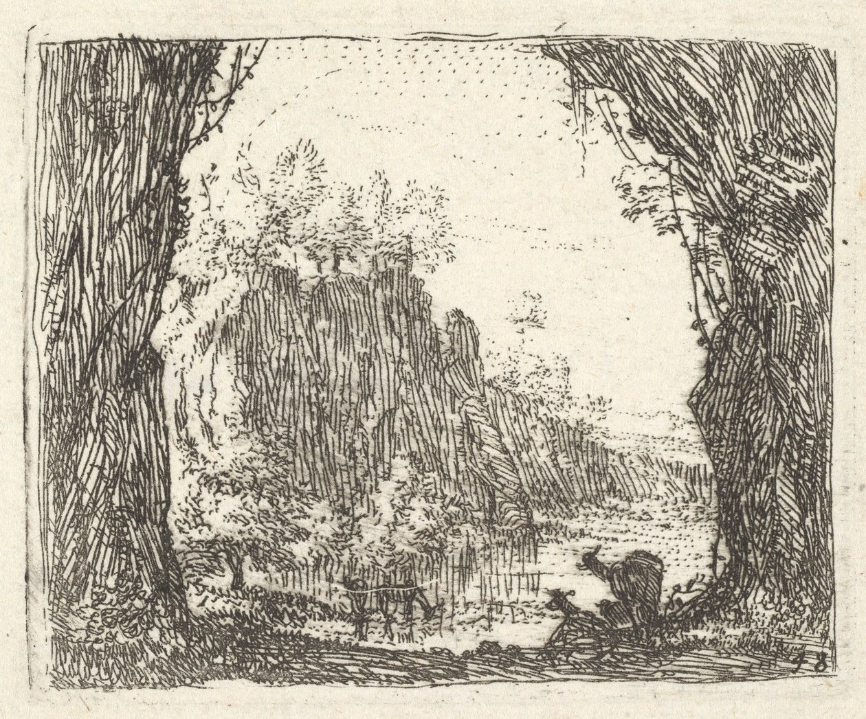 Paesaggio con alberi in primo piano a sinistra e a destra, silhouette di due capre, ca. 1641-78 da Karel Du Jardin
