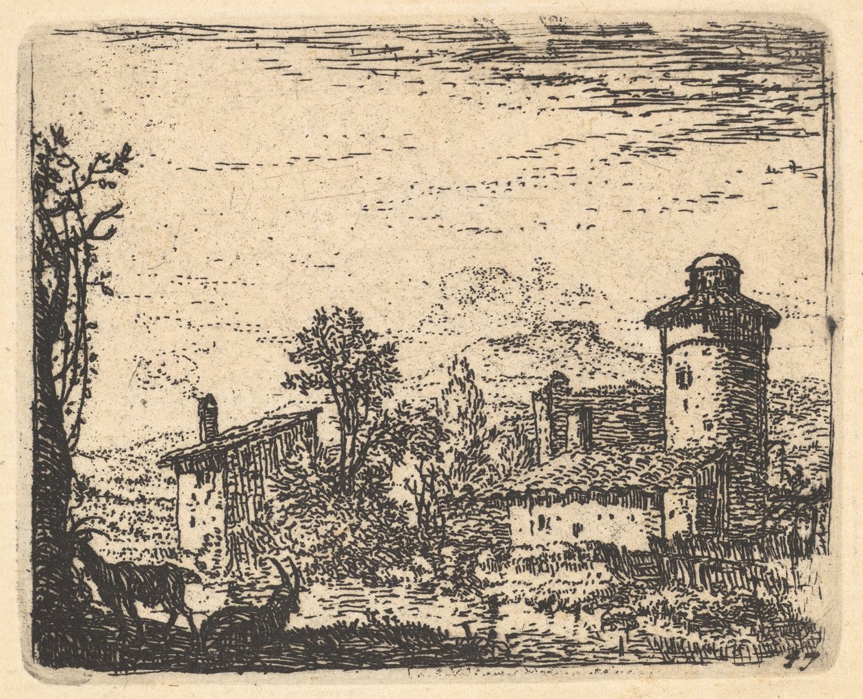 Paesaggio con due capre cornute all