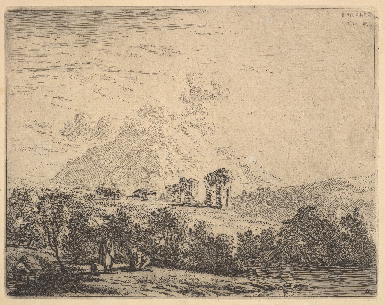 Veduta di collina con rovine, un acquedotto e una rupe montuosa oltre, in primo piano un m..., 1658 da Karel Du Jardin