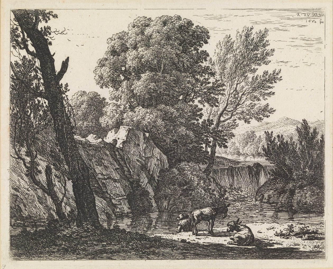 Paesaggio con un uomo e due asini da Karel Dujardin