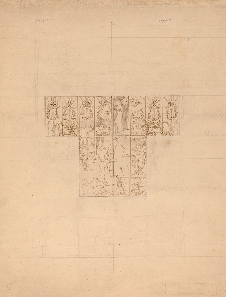 Nudo e pesce con fiori (Studio per finestra da bagno incisa) da Karel Vitezslav Masek