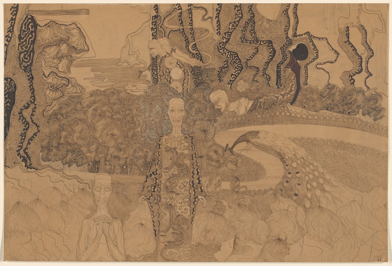 Rappresentazione allegorica con figure e un pavone in un giardino da Karel de Nerée tot Babberich (signed by artist)