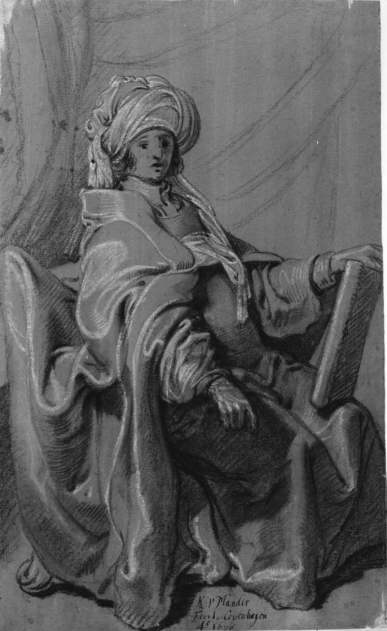 Figura seduta con mantello e turbante, che tiene un libro. Rivolta a destra. da Karel van III Mander