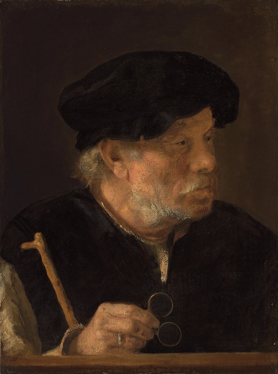Un uomo, busto, con un bastone e i suoi occhiali, accanto a una mensola di legno da Karel van der Pluym
