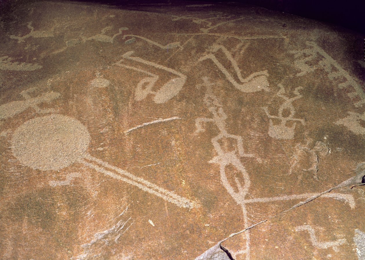 Petroglifo scolpito raffigurante figure, cervi, alci, uccelli, barche e cerchi, 3° millennio a.C. da Karelian