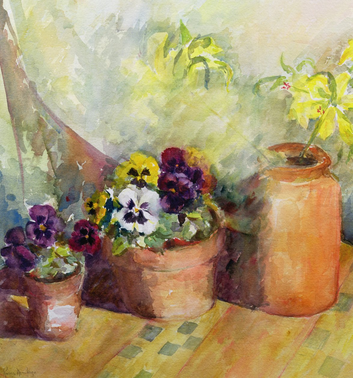 Viola del pensiero e vasi di terracotta da Karen Armitage
