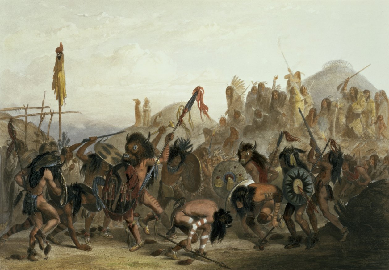 Danza del bisonte degli indiani Mandan davanti alla loro capanna della medicina a Mih-Tutta-Hankush, tavola 18 dal Volume 2 di 