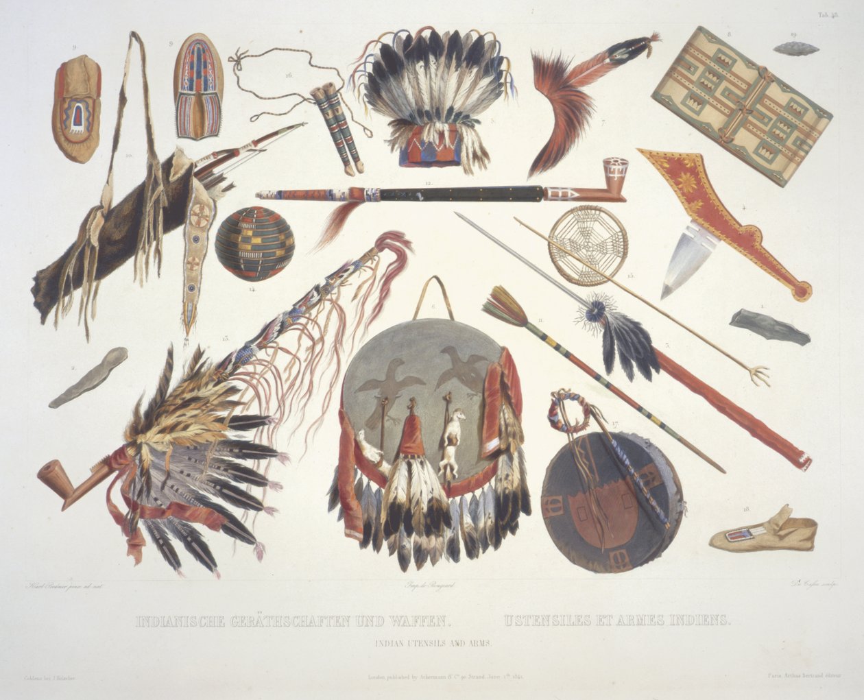 Utensili e armi indiane, incisi da Du Casse, pubblicati nel 1841 da Karl Bodmer