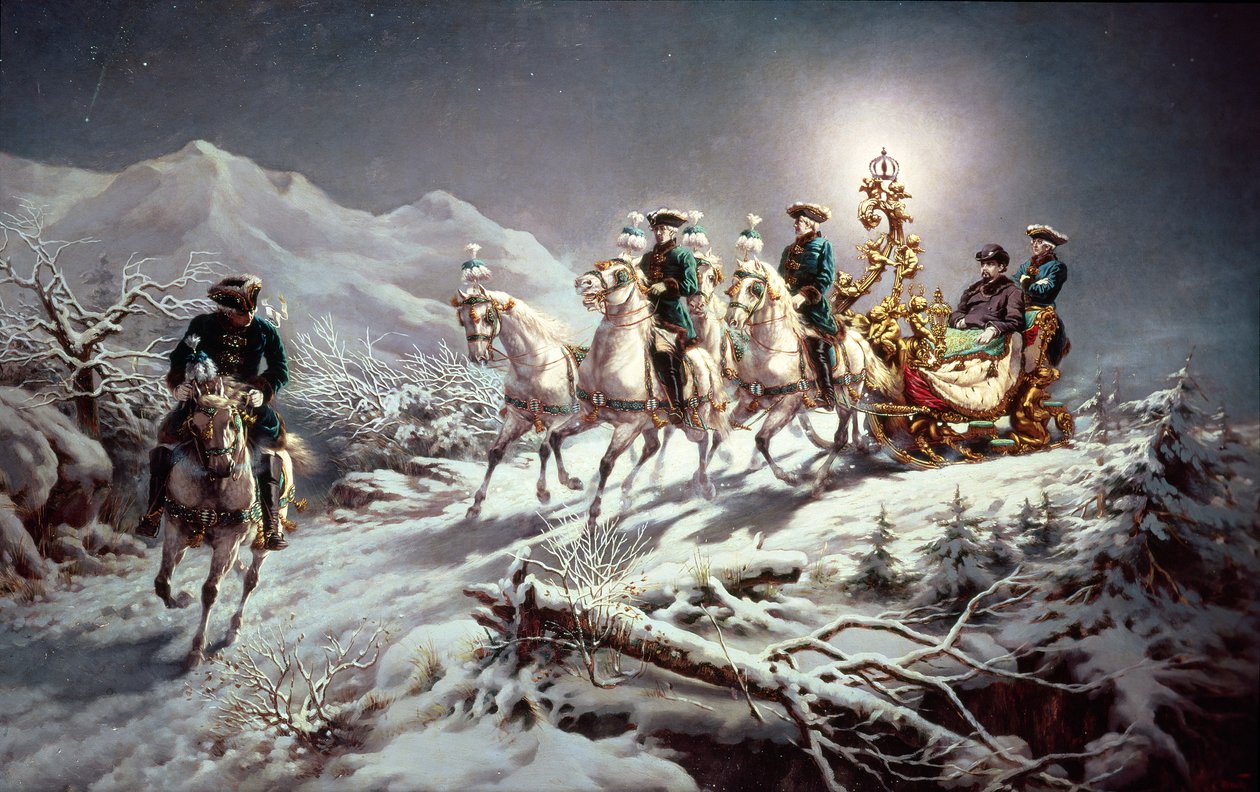 Ludovico II (1845-86) di Baviera in slitta di notte da Neuschwanstein a Linderhof, 1888 da Karl Gottlieb Wenig