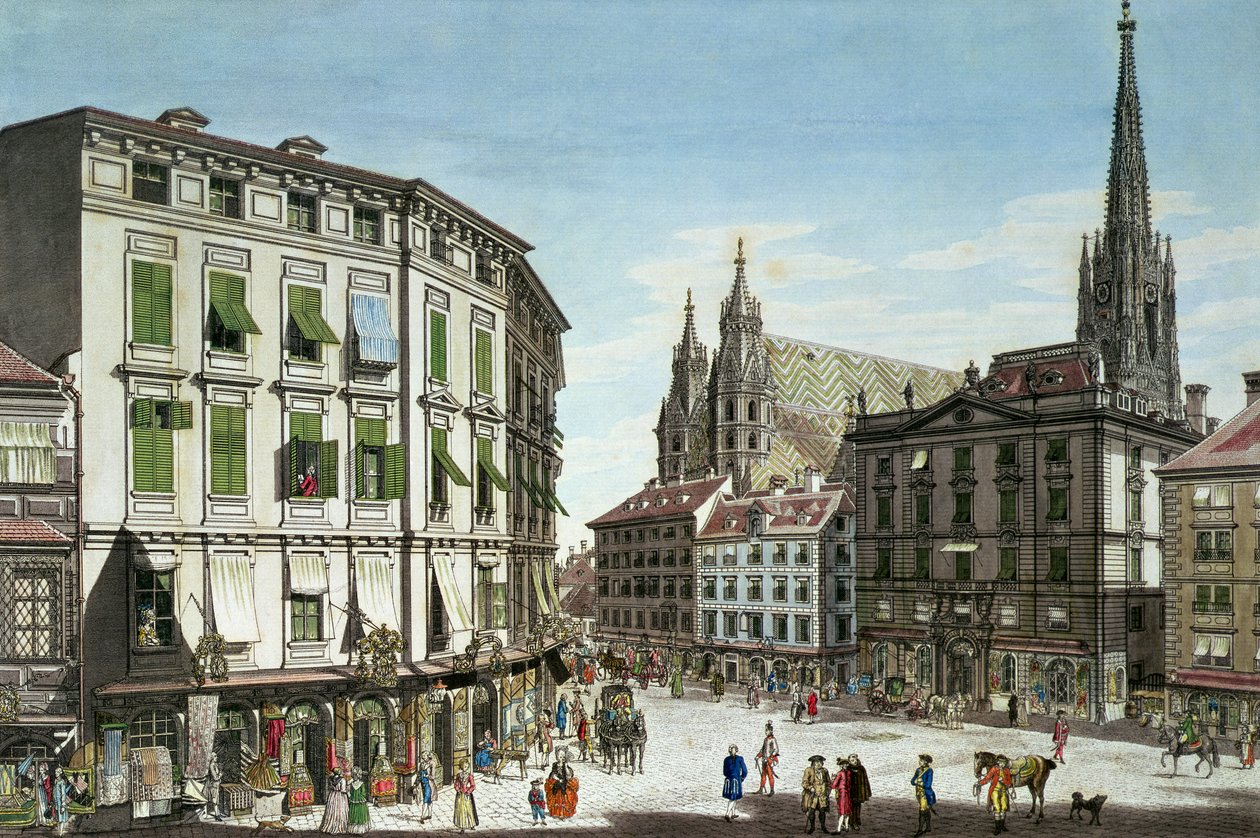 Stock-im-Eisen-Platz, con la Cattedrale di Santo Stefano sullo sfondo, inciso dall