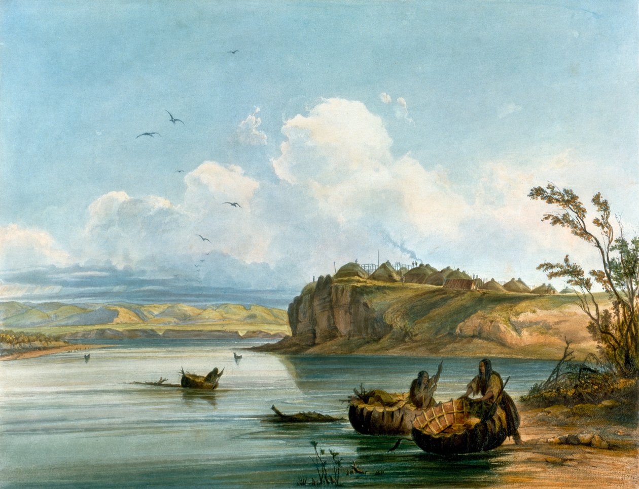 Donne Mandan Native Americane che attraversano il fiume Missouri su barche fatte di pelle di bufalo, Civiltà Native Americane, Stati Uniti da Karl Bodmer