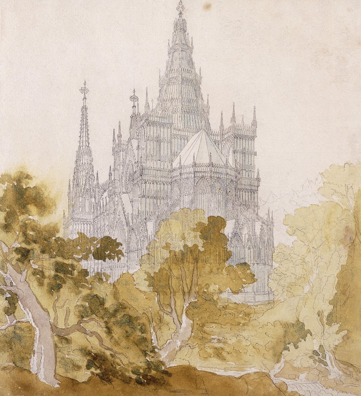 Una Cattedrale Gotica vicino a Bauman; Eine Gotische Kathedrale hinter Baumen da Karl Friedrich Schinkel