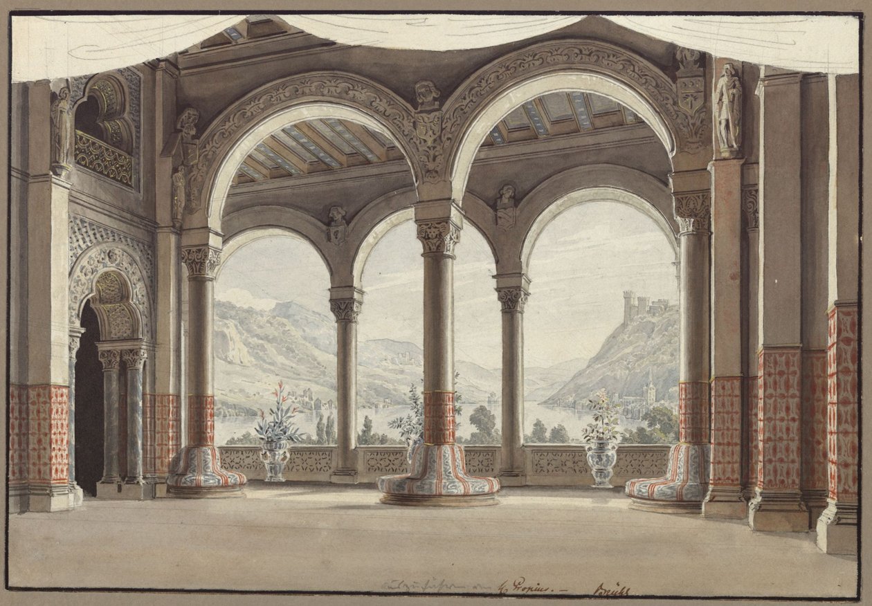 Agnes von Hohenstaufen. Opera di Gaspare Spontini. Bozzetto per la seconda scenografia. Sala aperta da Karl Friedrich Schinkel