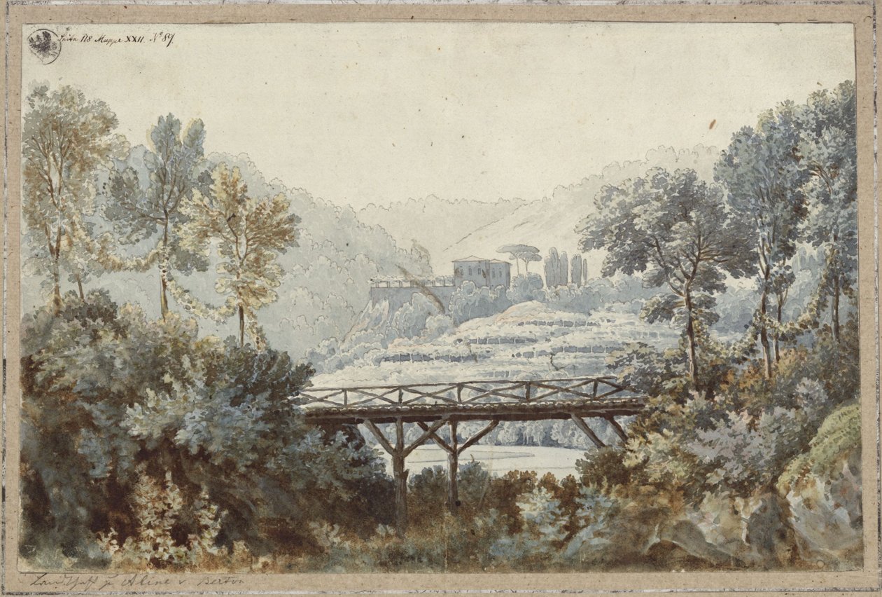 Aline, regina di Golkonda. Opera di Henri-Montan Berton. Progetto per la 2ª decorazione. Paesaggio con fiume e ponte da Karl Friedrich Schinkel