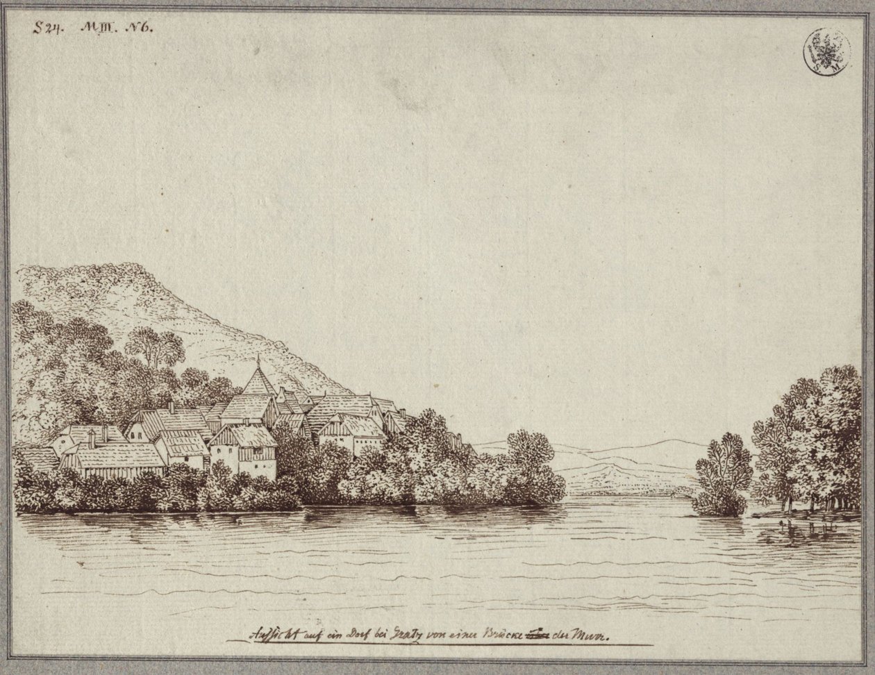 Veduta di un villaggio presso Graz da un ponte sulla Mur da Karl Friedrich Schinkel