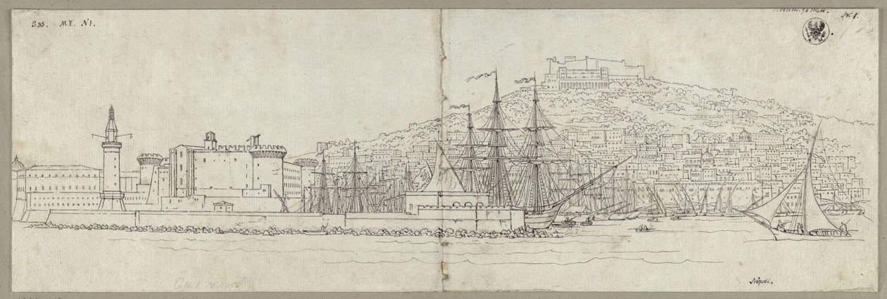Veduta di Napoli con il porto, Castel Nuovo, il faro e Castel Sant