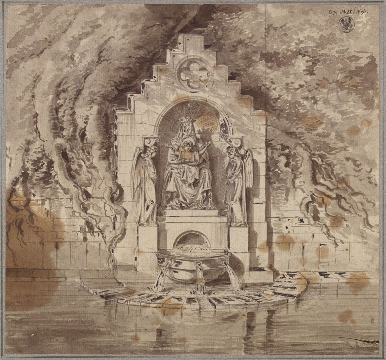 Versione architettonica di una fontana con una statua della Madonna e due statue di angeli da Karl Friedrich Schinkel